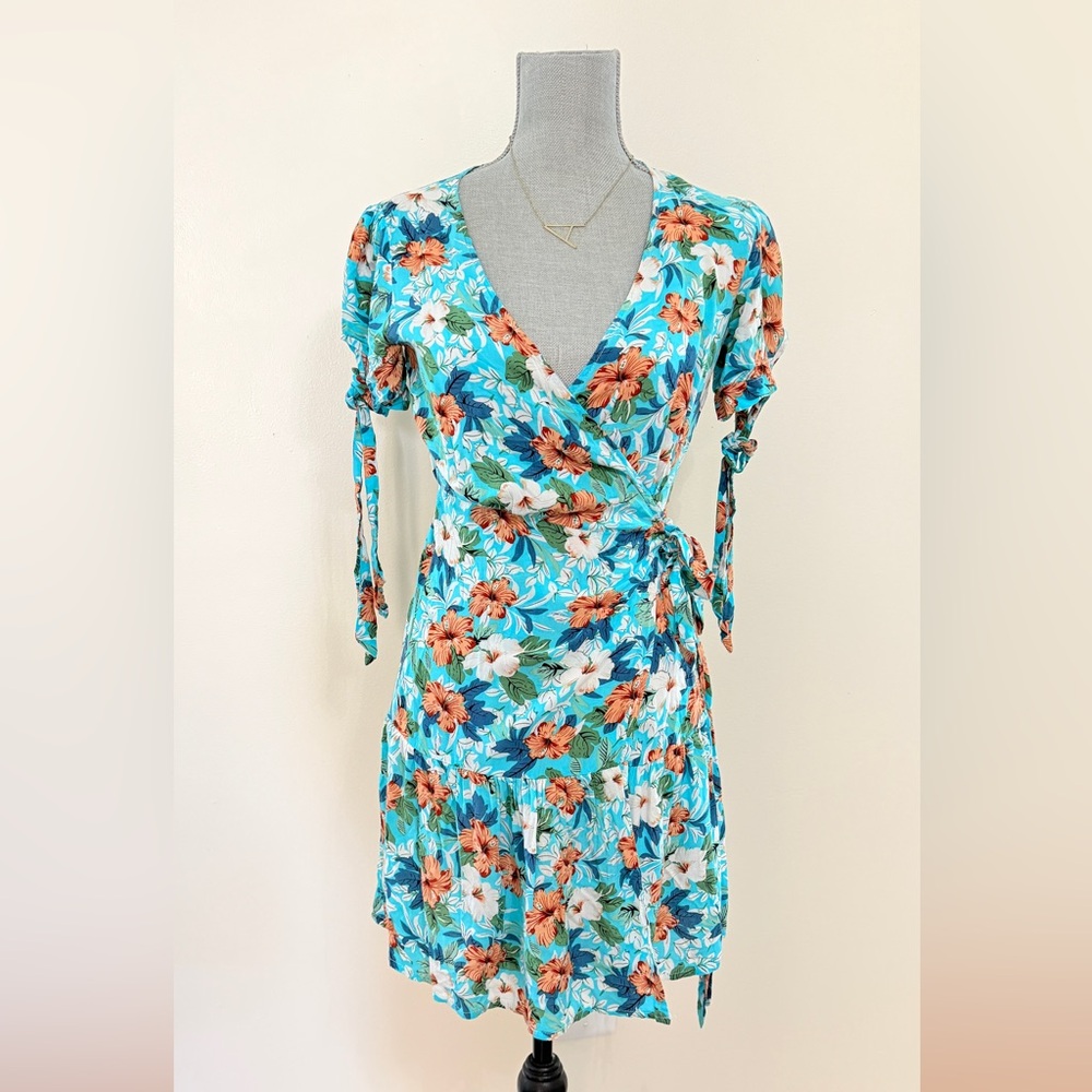 Floral Wrap Dress - Teal with Orange & White Bloom